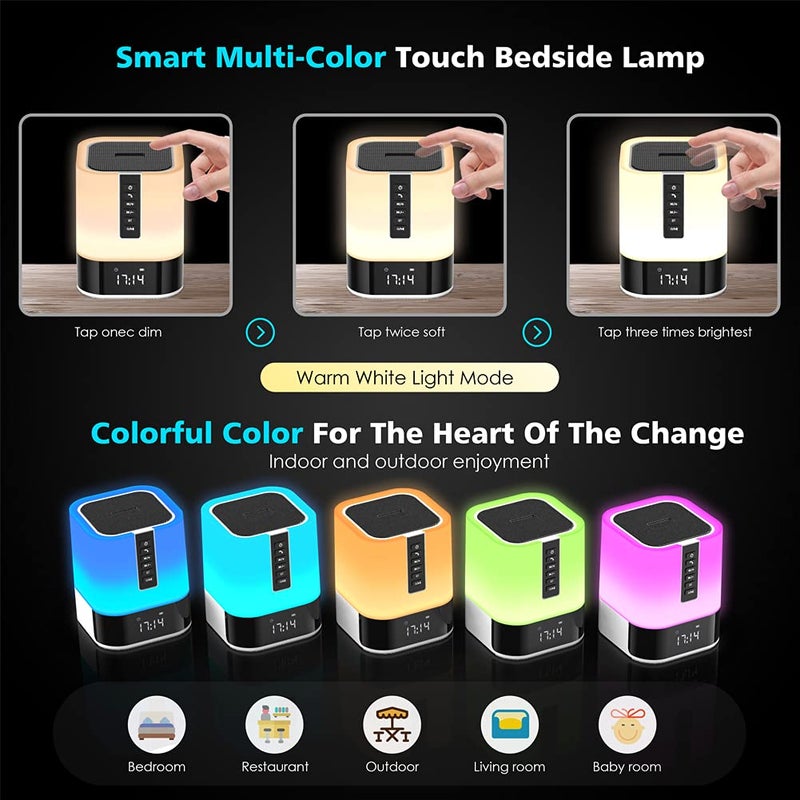سماعة بلوتوث Hetyre Night Light 5 في 1 تعمل باللمس، مصباح بجانب السرير، قابل للتعتيم، متعدد الألوان، منبه لغرفة النوم، أفضل أفكار هدايا عيد الميلاد لـ 10 11 12 13 14 عامًا من الفتيات/الأولاد المراهقات - Image 2